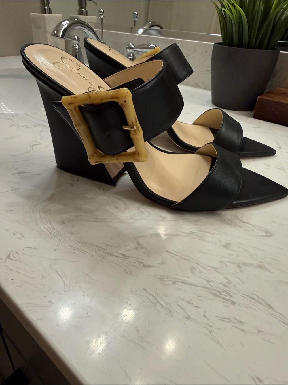 Jessica Simpson Black Pointed-Toe Wedge Mules with Tortoiseshell Buckle